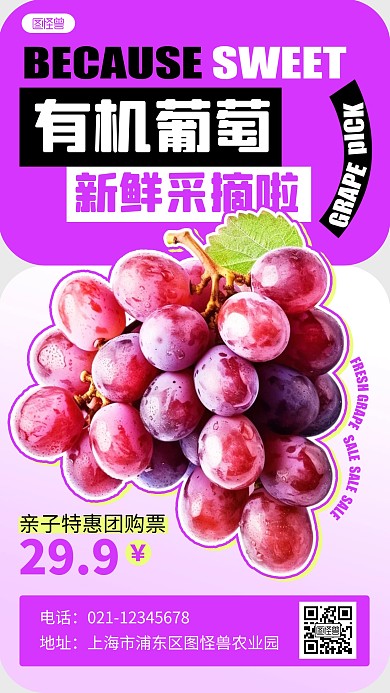 创意几何新鲜葡萄采摘宣传几何风海报