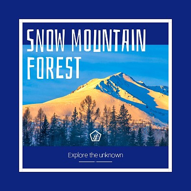 蓝色背景白色正方形框雪山森林照片CD封面