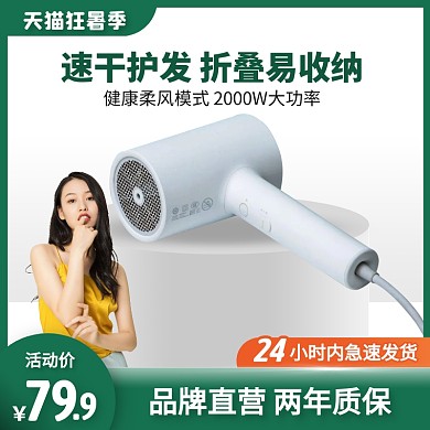 绿色简约风天猫狂暑季吹风机促销主图直通车