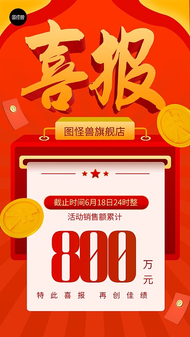 618喜报贺报业绩汇报红色3d手机海报
