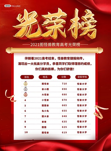 高考光荣榜喜报红色质感喜庆印刷海报