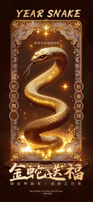 蛇年金蛇送福维问候祝福全屏海报