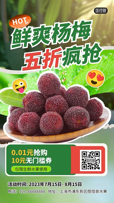 杨梅夏季水果杨梅红色创意拼贴海报