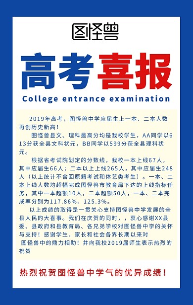 创意简约蓝红高考成绩喜报手机海报