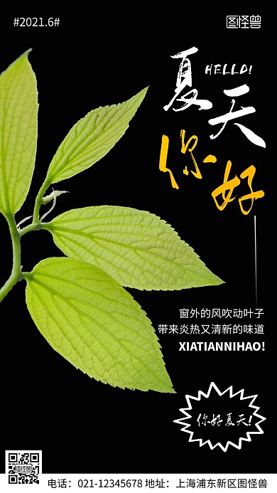 摄影图夏天你好黑色简约风手机海报