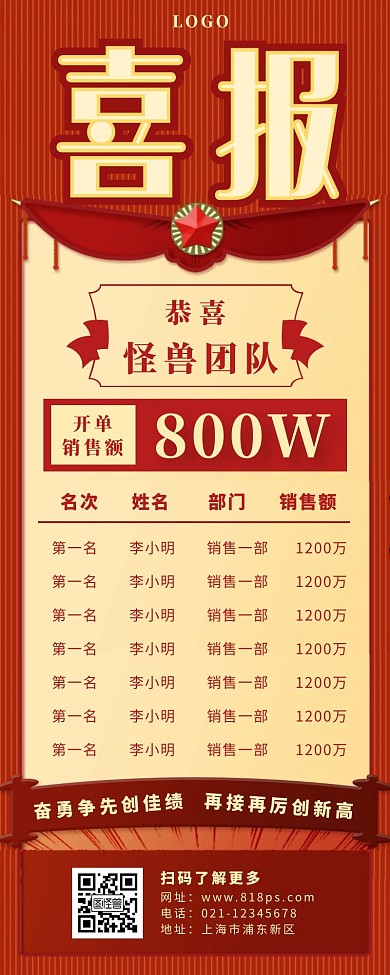 开单榜单长图红色简约奖状喜报
