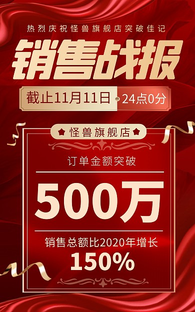 喜庆风双11电商销售突破战报电商竖版海报