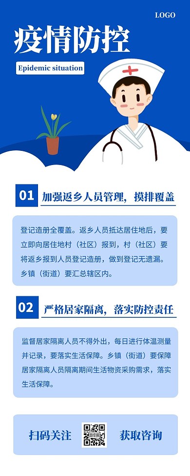 三亚疫情防控安全蓝色简约风宣传营销长图