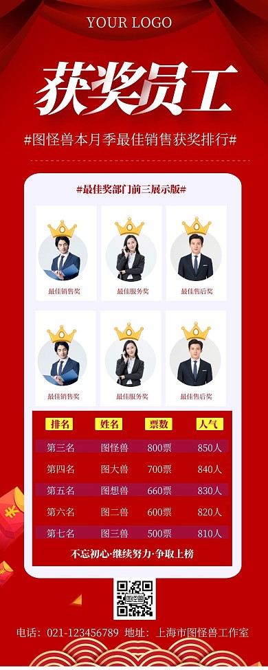员工获奖宣传展示喜报红色喜庆长图