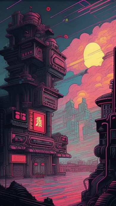 插画赛博朋克城市建筑物AI作品数字插画