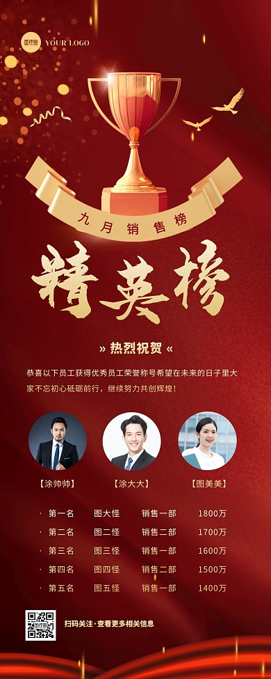 红色大气商务团队表彰喜报营销长图