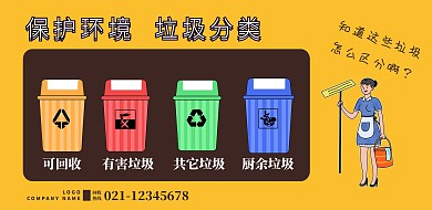 绿色环保垃圾分类宣传卡通横版海报