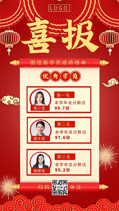 喜报优秀学员红色大气喜庆手机海报