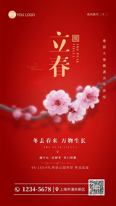 立春二十四节气红色简约大气手机海报