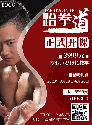 白色黑体摄影风跆拳道背景高清竖版海报