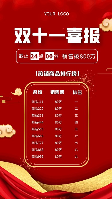 双十一销售额喜报战报红色手机海报