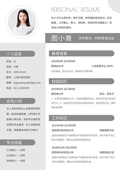 灰色简约网络营销岗位求职简历