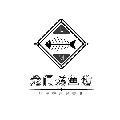 黑色线条方形鱼骨简约烤鱼美食logo