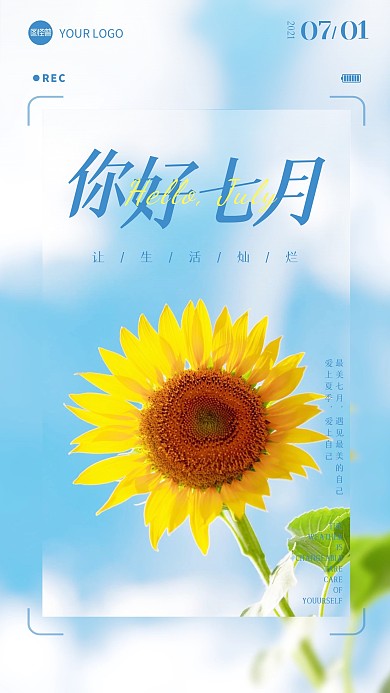 你好七月小清新向日葵摄影图海报