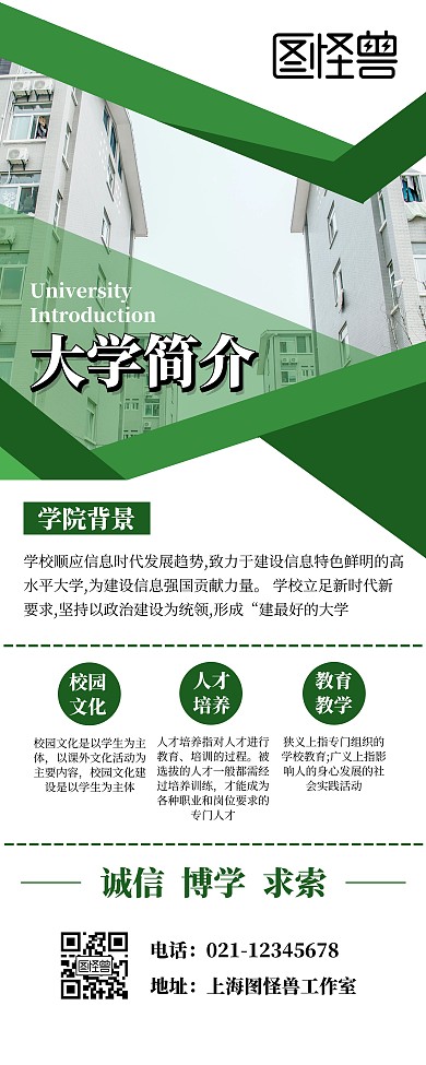 大学简介几何绿色易拉宝