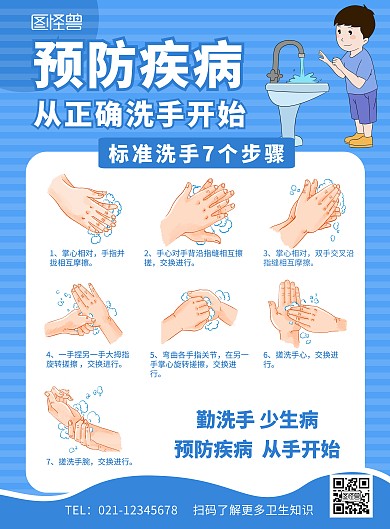 正确洗手七步预防疾病蓝色扁平在线海报制作