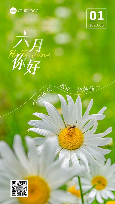 6月你好绿色大气雏菊简约日签