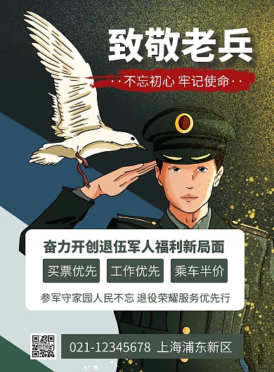 简约大气创意手绘插画风退役军人宣传海报