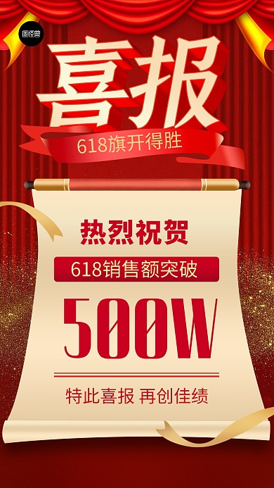 618喜报贺报业绩汇报红色3d手机海报