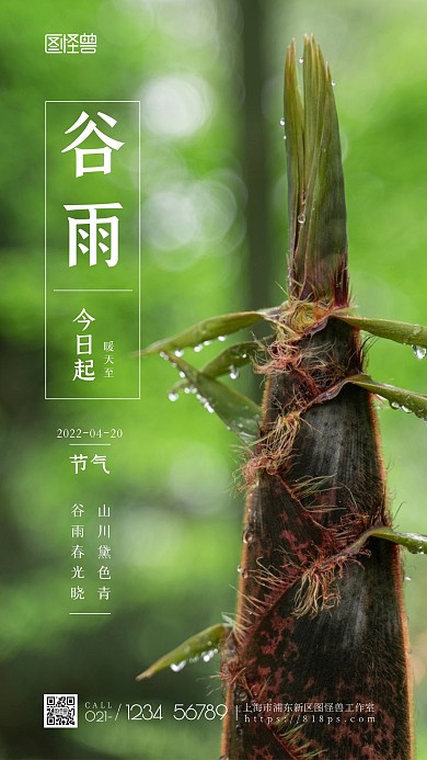 绿色简约创意大气谷雨传统节气手机海报