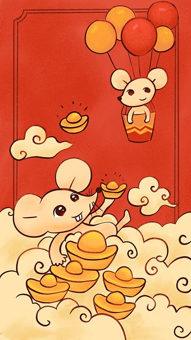 图怪兽原创元素鼠年海报复古红色喜庆元宝