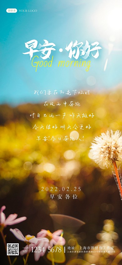 清新花朵早安问候励志鸡汤全屏海报
