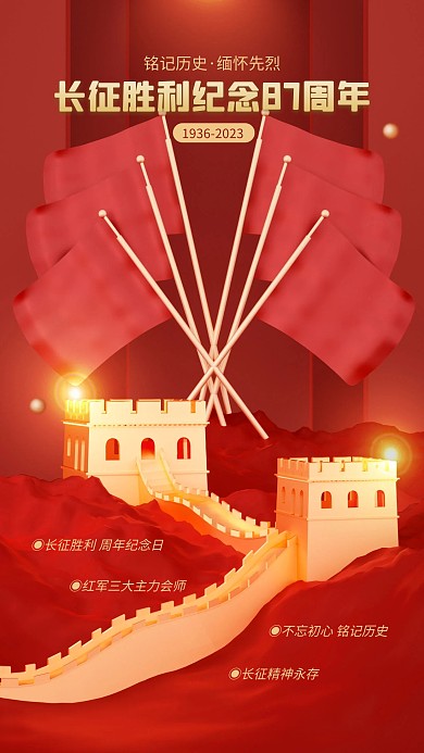 原创红色大气长征胜利87年3D海报
