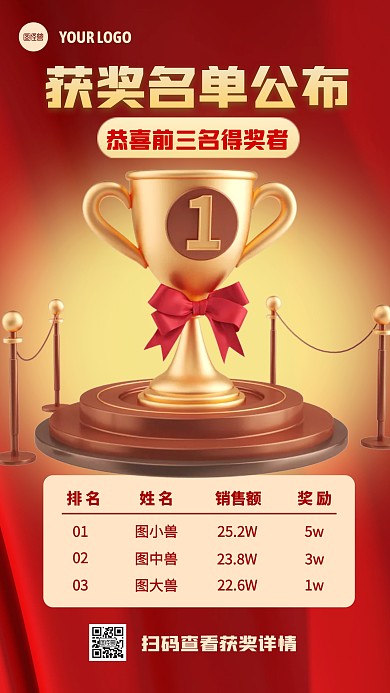红色喜庆前几名颁奖获奖名单3D海报