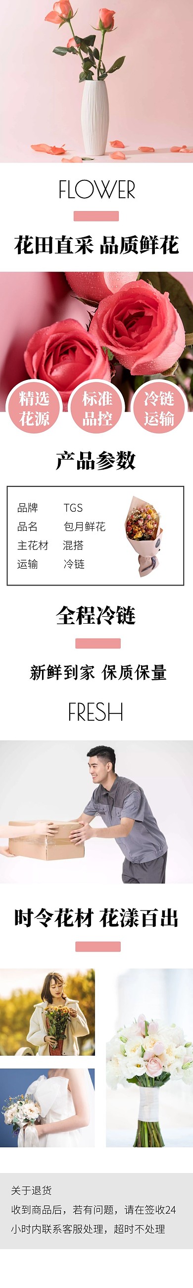 包月鲜花简约大气粉色详情页模板