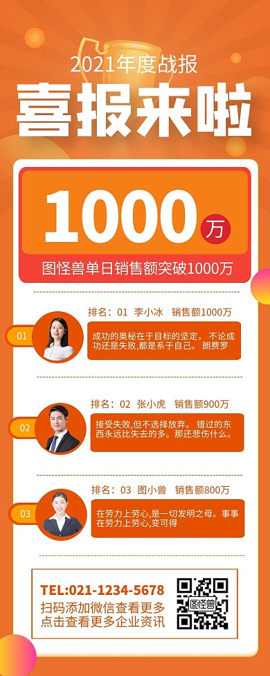 橙色简约风企业光荣榜企业荣誉喜报长图