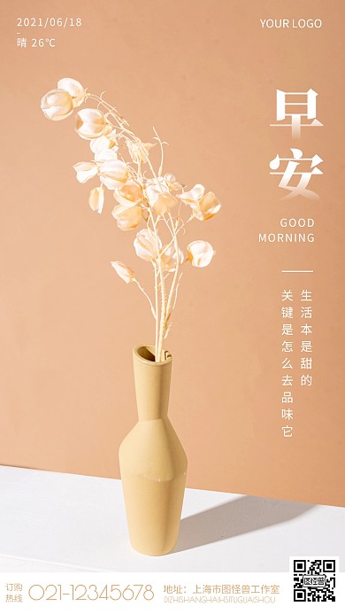 棕色简约摄影文艺花瓶早安图花天气日签