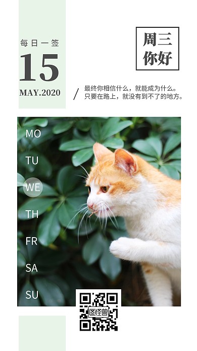 白色简约清新猫咪周三签到类早安日签