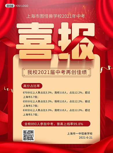 原创中考喜报红色喜庆大气印刷海报