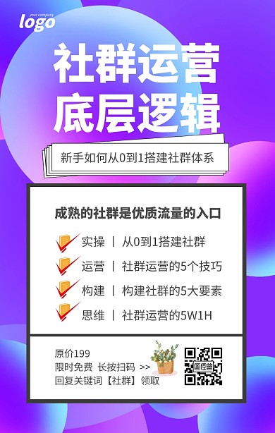 蓝色简约社群运营营销课程海报模板