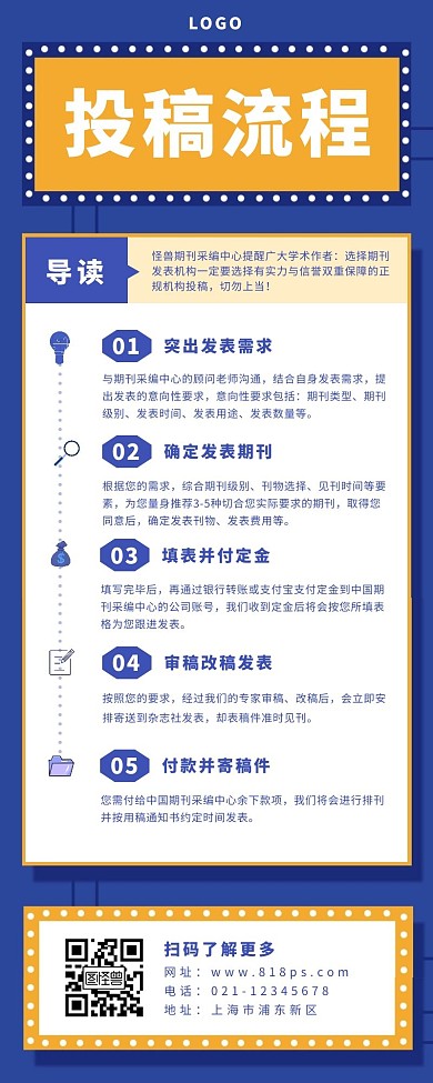 投稿流程介绍长图蓝色简约海报