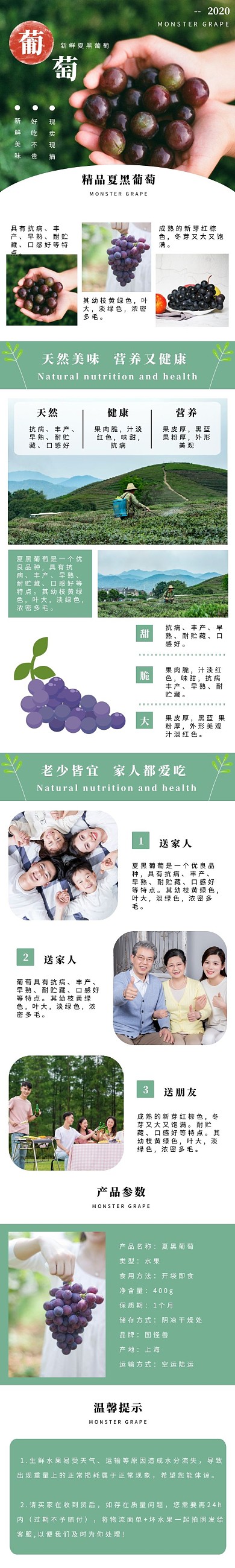 绿色摄影小清新美食夏黑葡萄水果详情页