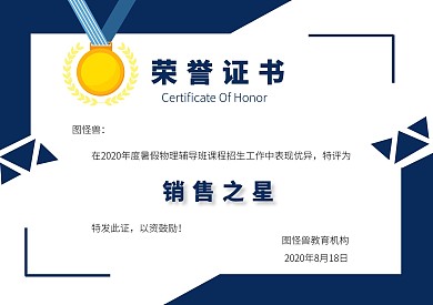 简约大气商务几何暑假物理班招生荣誉证书