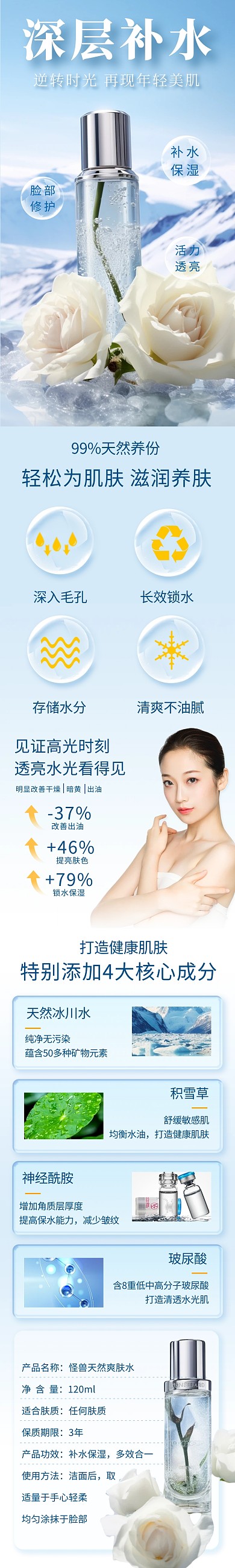 护肤品爽肤水蓝色简约AIGC电商详情页