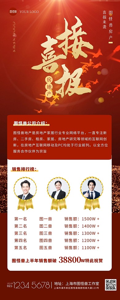 房地产喜报宣传红色大气营销长图