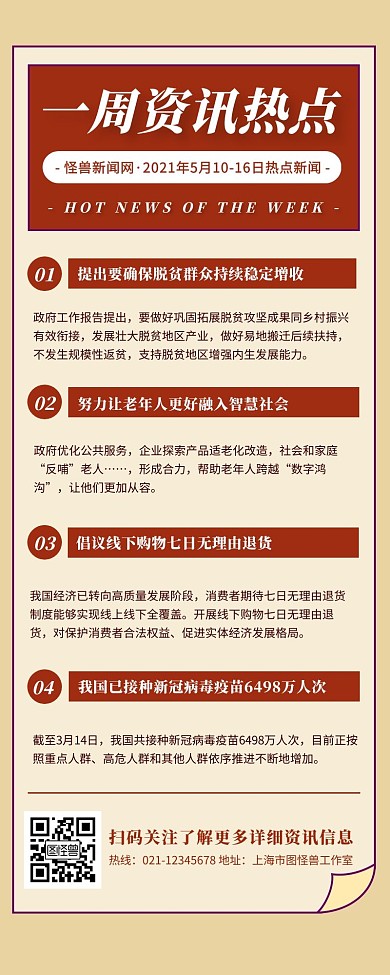 红色简约扁平风一周资讯热点新闻营销长图