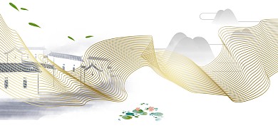 新中式房屋山水荷花流金装饰画