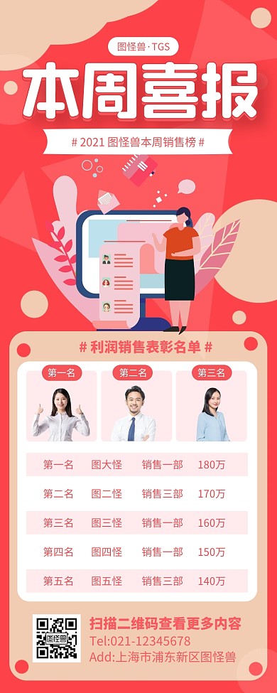 红色大气喜报周报长页面营销长图