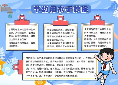 节约用水蓝色卡通可爱电子手抄报大全
