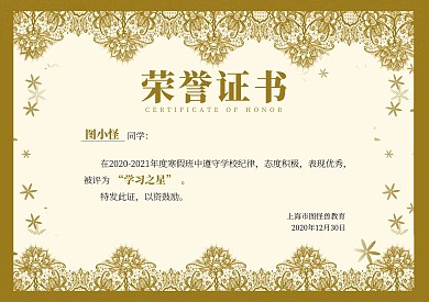 简约大气寒假培训班证书奖状