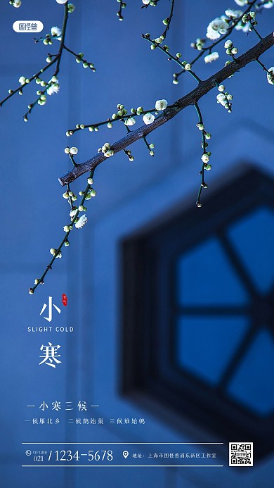 小寒三候传统节气祝福蓝色摄影图海报